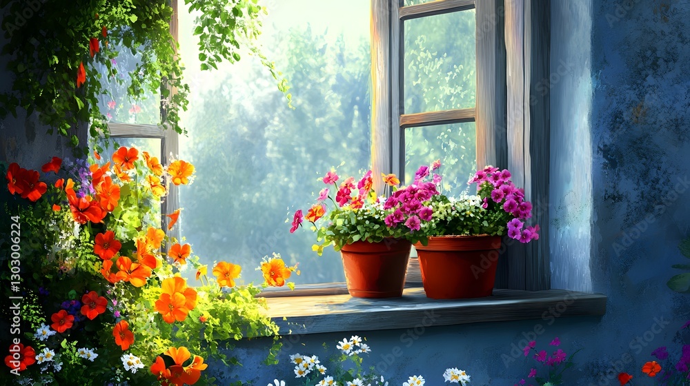 Fototapeta premium Vibrant Flower Pots on a Sunlit Window Sill Surrounded by Lush Greenery in Realistic Ultra HD Quality