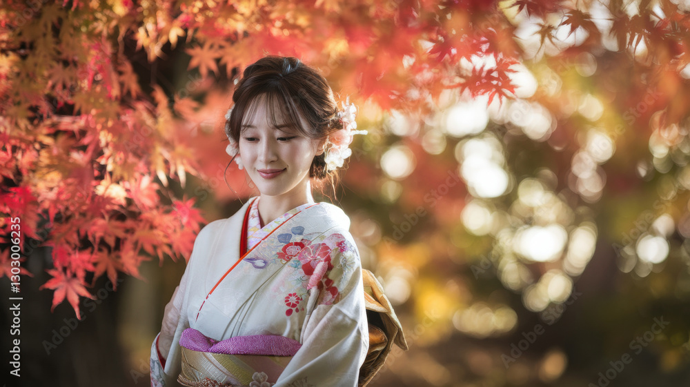 A woman in a traditional Japanese kimono, standing among the bright red and orange autumn leaves. The background is made in warm autumn tones with a side effect. A woman in a traditional Japanese kimono, standing among the bright red and orange autumn leaves. The background is made in warm autumn tones with a side effect.