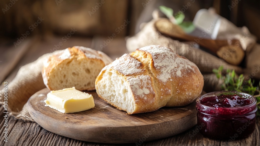 Freshly baked bread on a wooden table with butter and jam, rustic style, natural lighting Freshly baked bread on a wooden table with butter and jam, rustic style, natural lighting