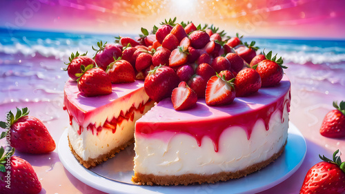 Obraz na płótnie
Mousse cake. Strawberry cake with sponge, mousse and jelly on abstract background. Berry cheesecake. Summer dessert. w salonie