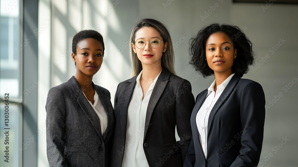 Portrait of diverse three of businesswoman in suit standing together, looking at camera Portrait of diverse three of businesswoman in suit standing together, looking at camera