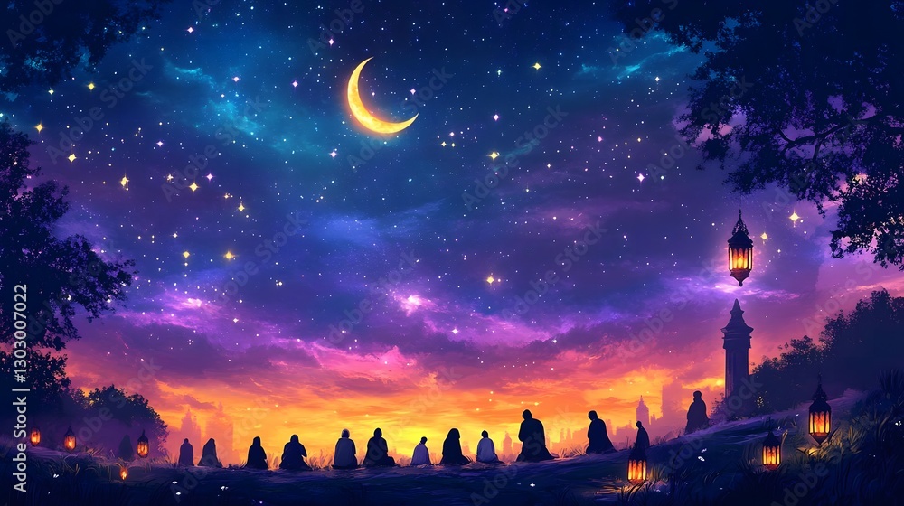 Naklejka premium Laylatul Qadr concept illustration, highlighting a peaceful scene of people praying under a starry night sky, with glowing lanterns and a crescent moon, with a harmonious and unique color scheme