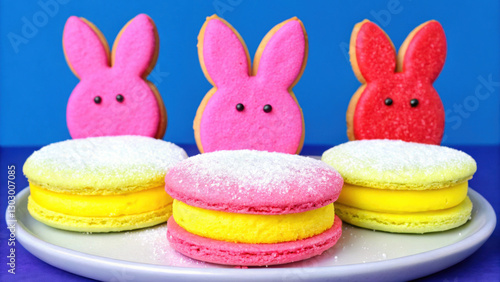 Easter Ice cream. Colorful bunny cookies and macarons on a plate against a vibrant background. photo