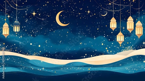 Laylatul Qadr celebration in flat illustration style, showcasing a variety of Islamic symbols like the crescent moon, stars, and lanterns, with a unique and harmonious color palette photo