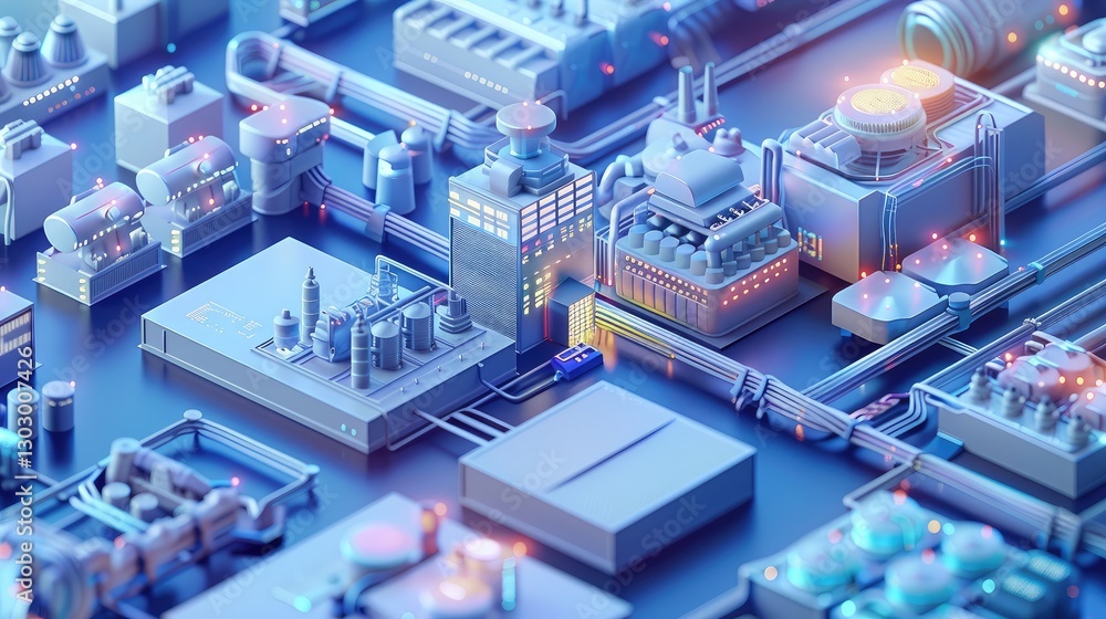 Futuristic Industrial Cityscape in 3D with Neon Glow Effects Futuristic Industrial Cityscape in 3D with Neon Glow Effects