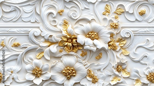 3D stretch ceiling, white and golden decoration, floral motif seamless