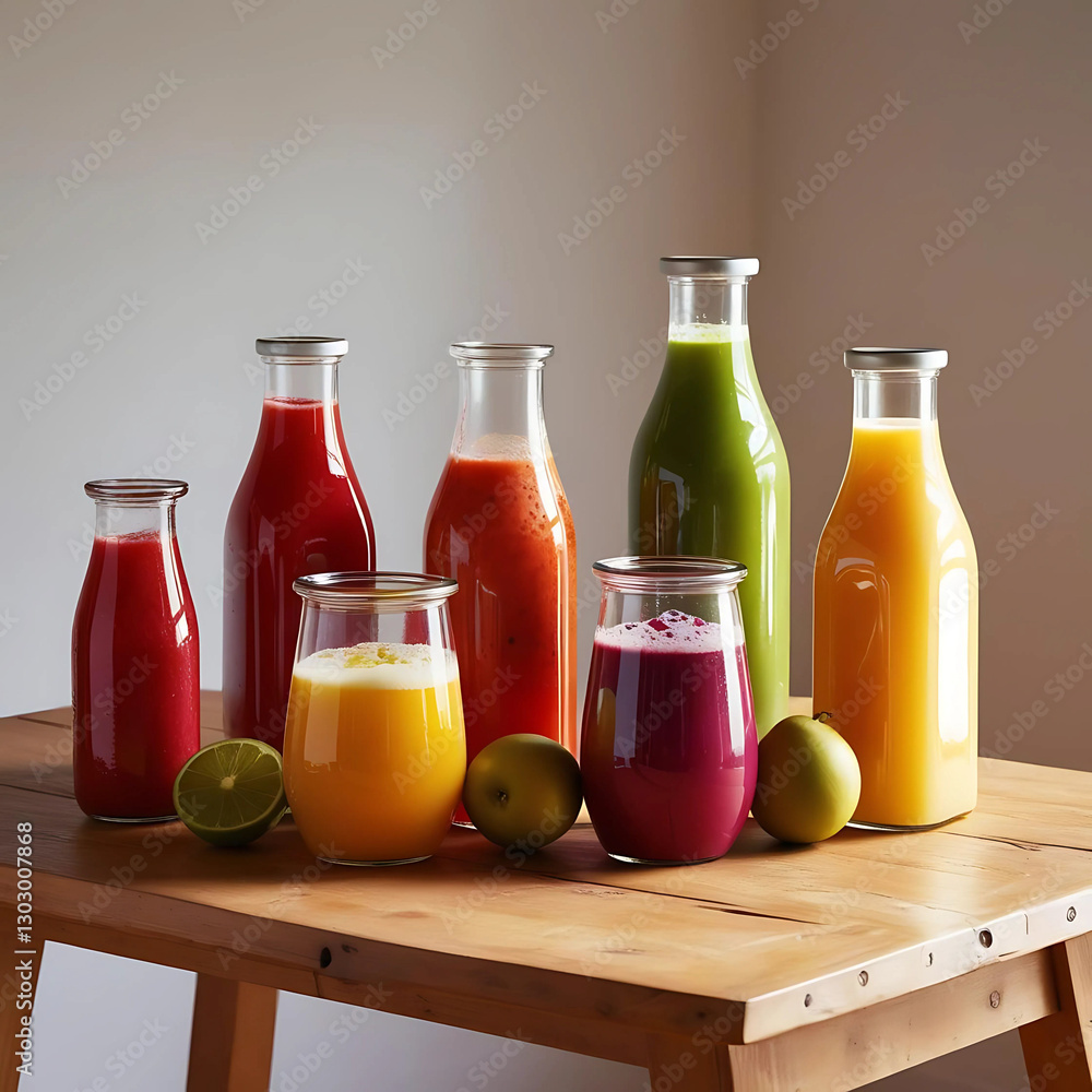 fruit juice - Fruit juice arranged on a wooden table. Advertising photo. fruit juice - Fruit juice arranged on a wooden table. Advertising photo.