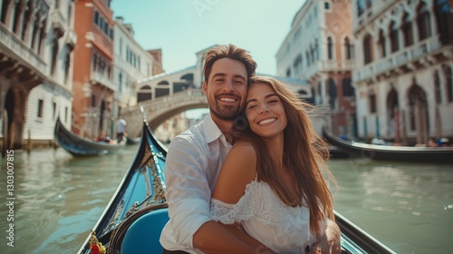 Romantic couple taking a selfie on a gondola ride in Venice, Italy, with historic architecture and bridges in the background. A joyful vacation moment capturing love, travel, and European adventure