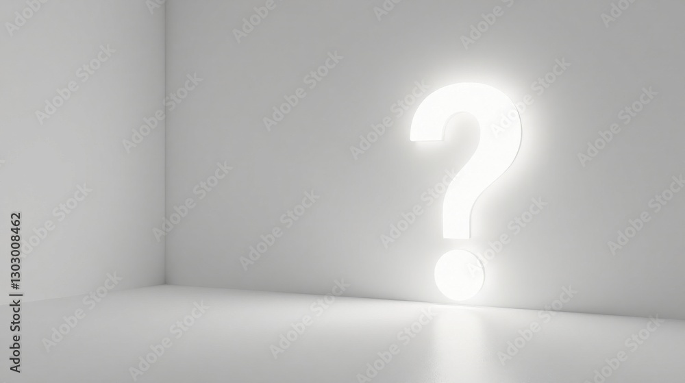 Illuminated Question Mark in a Sterile White Room Representing Uncertainty and Inquiry Illuminated Question Mark in a Sterile White Room Representing Uncertainty and Inquiry