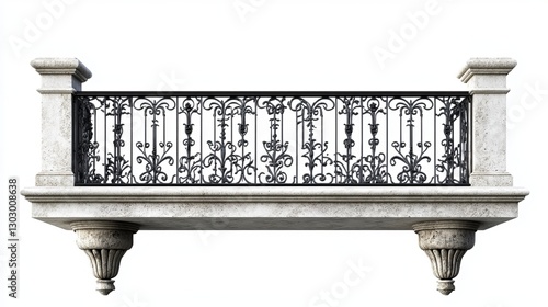 Wallpaper Mural Black wrought iron railings with stone pillars in an Art Nouveau style. A vintage-inspired balcony design rendered in 3D and set against a white background.  Torontodigital.ca