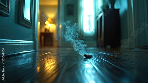 Smoky object on hardwood floor, interior hallway, antique house, subtle light