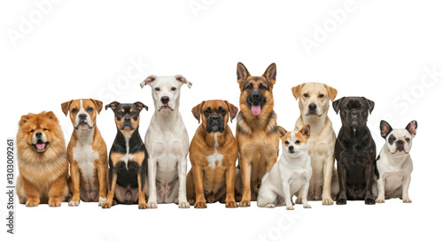 Diverse group of dogs with unique expressions against a clean white background