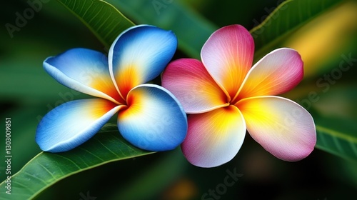 Wallpaper Mural Two Vibrant Plumeria Flowers Close Up on Green Leaves Background Torontodigital.ca