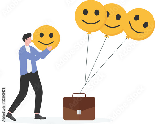 Business woman holding balloons with emotion or expression faces, happy, sad or fear.Emotional control and self regulation,


