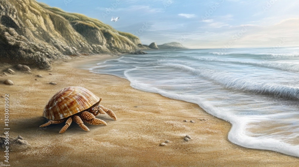 A hermit crab on a sandy beach near the ocean, capturing a serene coastal scene. A hermit crab on a sandy beach near the ocean, capturing a serene coastal scene.