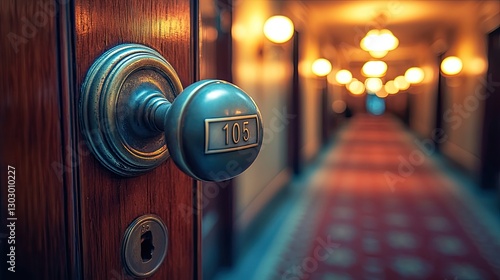 Vintage hotel room door handle with room number 105 in hallway