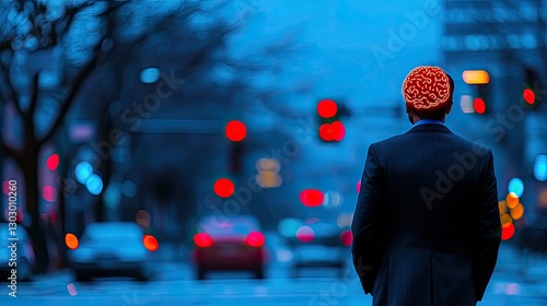 Urban man in winter suit walks city street at night