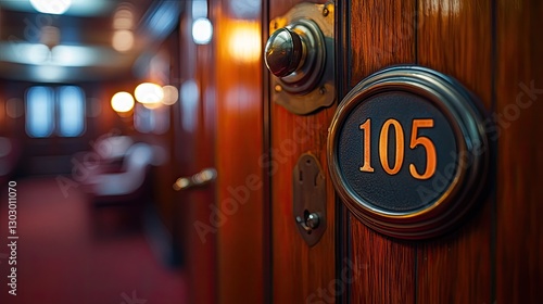 Vintage hotel room door with number 105 in a hallway