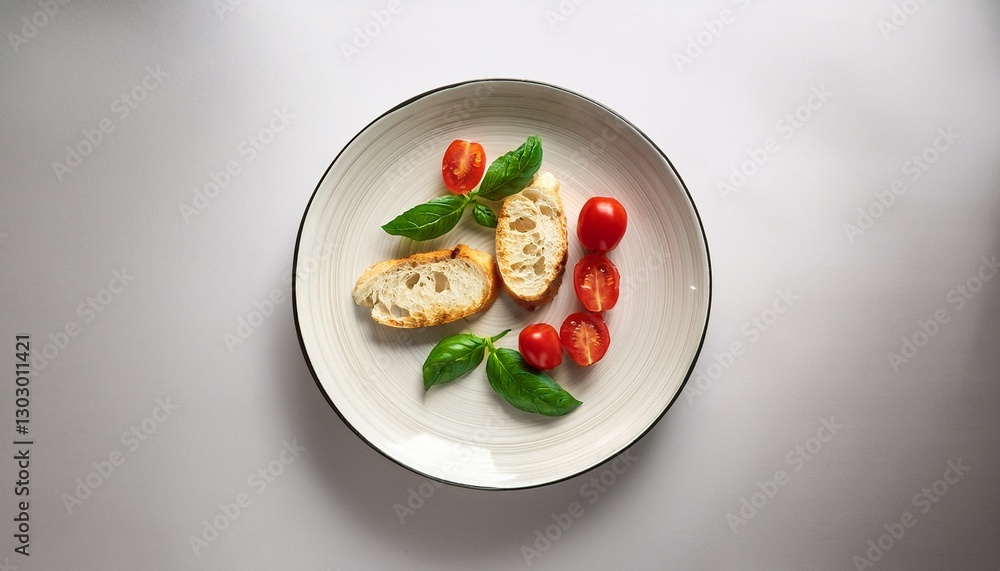 A light plate serving with basil, bread, and tomatoes and cheese, top view, studio photography, white background, advertising style, cinematic lighting, minimalism, fashion magazine cover photo in the A light plate serving with basil, bread, and tomatoes and cheese, top view, studio photography, white background, advertising style, cinematic lighting, minimalism, fashion magazine cover photo in the