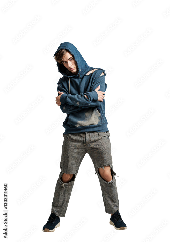 Young man poses confidently in torn blue hoodie and grey pants against a white background Young man poses confidently in torn blue hoodie and grey pants against a white background