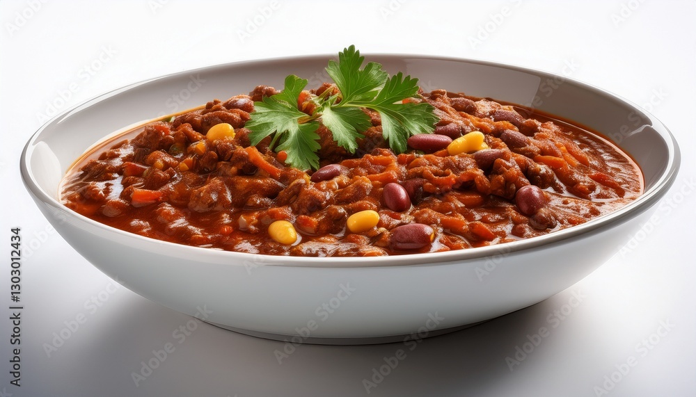 Beef chili in a white bowl. Looked at from the side, low perspective, at a 33 degree angle, soft lighting, isolated on a white background. Beef chili in a white bowl. Looked at from the side, low perspective, at a 33 degree angle, soft lighting, isolated on a white background.