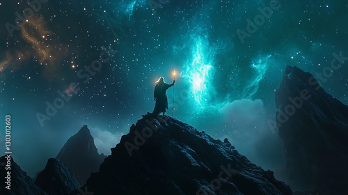 Night sky with stars and Milky Way over mountain landscape for outdoor adventure and exploration