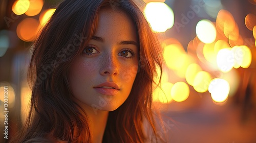 Young woman outdoors at night, city lights bokeh background, portrait