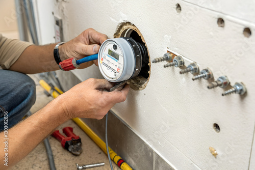Plumber’s hands install a water meter into the wall, ensuring accurate water consumption tracking and reliable operation of the water supply system.