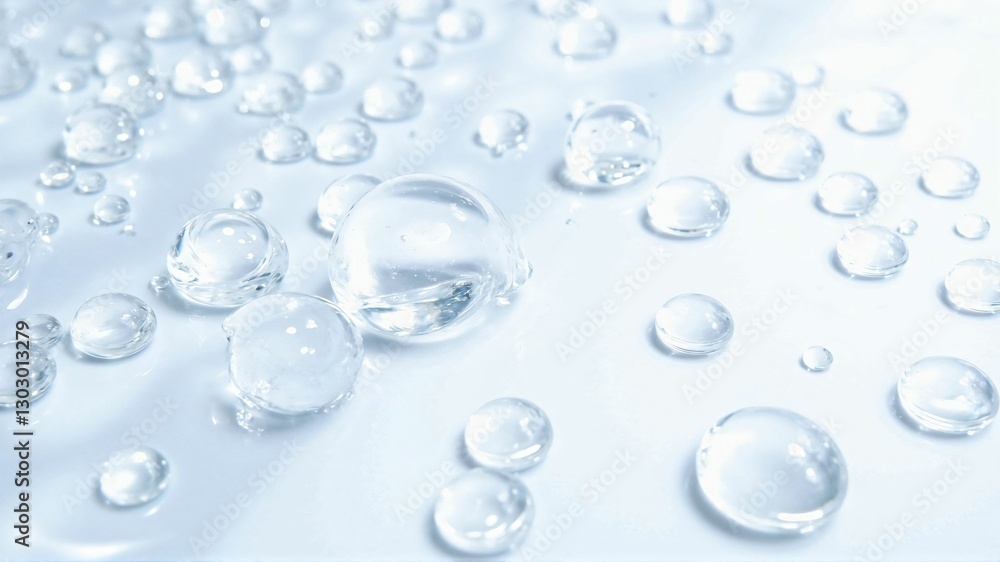 Macro Close-up of Transparent Water Droplets on a Smooth White Surface, Capturing Purity and Freshness Macro Close-up of Transparent Water Droplets on a Smooth White Surface, Capturing Purity and Freshness