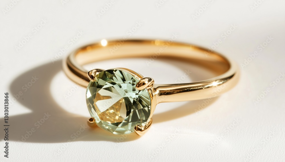 Detailed Close-Up Of Single Gold Ring With Light Green Square-Shaped Gemstone On White Background With Subtle Shadow. Detailed Close-Up Of Single Gold Ring With Light Green Square-Shaped Gemstone On White Background With Subtle Shadow.