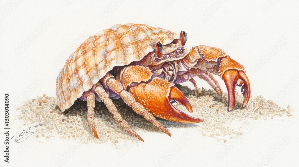 A detailed illustration of a hermit crab on sandy terrain. A detailed illustration of a hermit crab on sandy terrain.