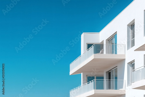 Modern white building against a clear blue sky.
