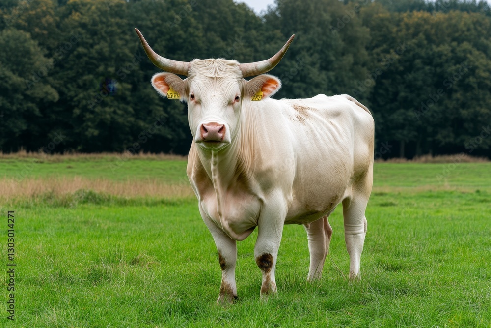 A majestic white Charolais bull standing in a green field, its muscles clearly defined A majestic white Charolais bull standing in a green field, its muscles clearly defined