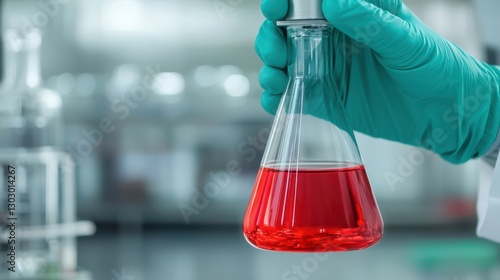 Laboratory Titration concept. Chemical Process with Gloved Hands Holding Laboratory Equipment