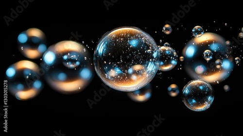 Abstract Soap Bubbles in Motion Against Black Background
