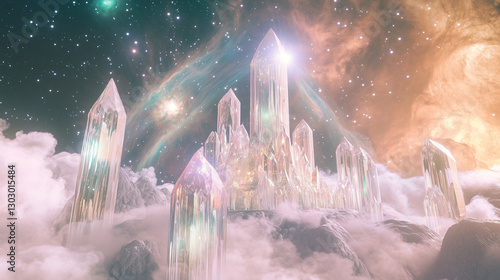 Crystals in a magical, dreamlike fantasyland with ethereal clouds and sparkling luminescent lights