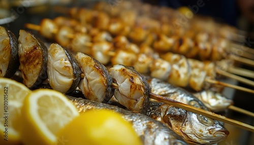 Fototapeta Naklejka Na Ścianę i Meble -  Traditional Cooking Method Of Malaga: Close-Up Of Various Espetos Skewers With Fish Cooking Over Wood Fire At La Malagueta Beach, Spain.