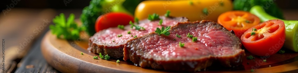 Tender beef slices with roasted carrots, broccoli, and bell peppers, vegetables, culinary Tender beef slices with roasted carrots, broccoli, and bell peppers, vegetables, culinary