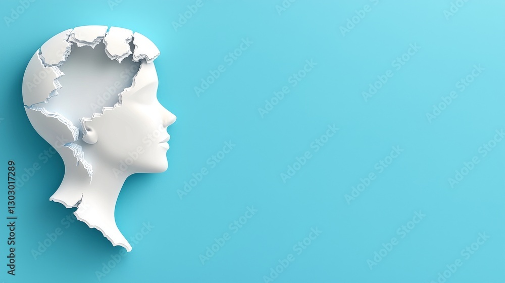 Sculpted head silhouette on blue background with cracks. Sculpted head silhouette on blue background with cracks.