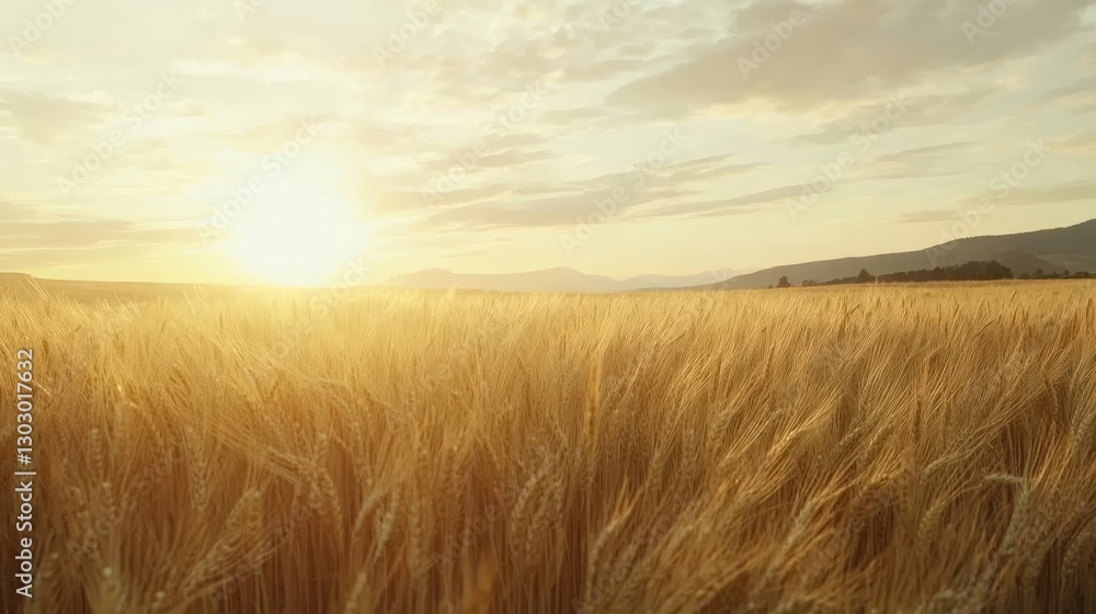 Obraz premium Golden wheat field bathed in sunrise light against a breathtaking dusk landscape
