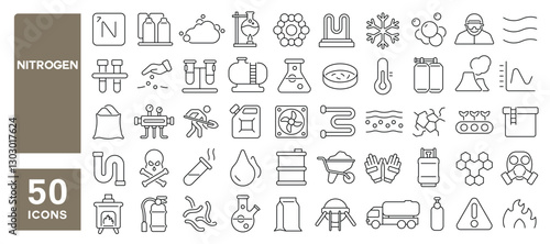 Set of 50 line icons related to nitrogen, gas, fertilizer, farming, cylinder, ammonia, lab, chemical, biology, manure, Editable stroke. Vector illustration