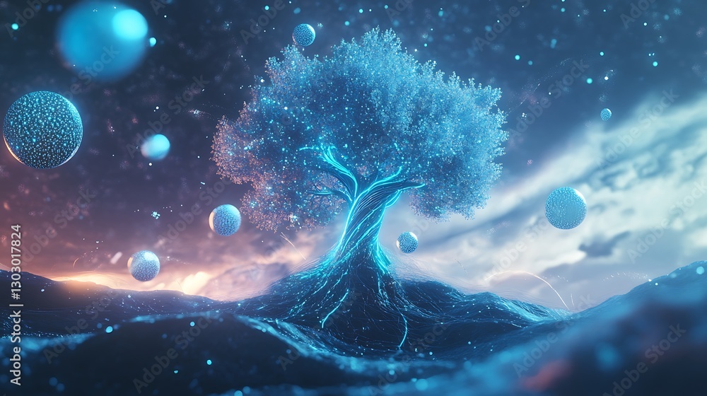 Obraz premium Luminous Celestial Tree: A Digital Fantasy Landscape