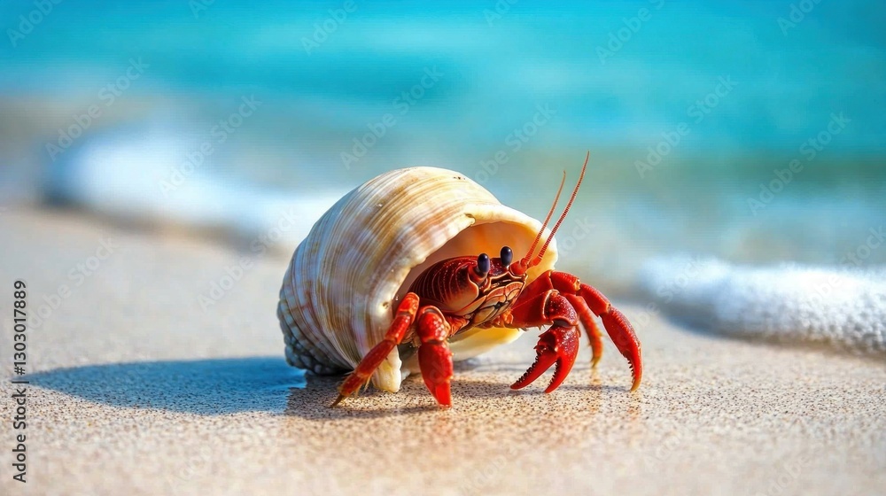A hermit crab emerging from its shell on a sandy beach by the ocean. A hermit crab emerging from its shell on a sandy beach by the ocean.