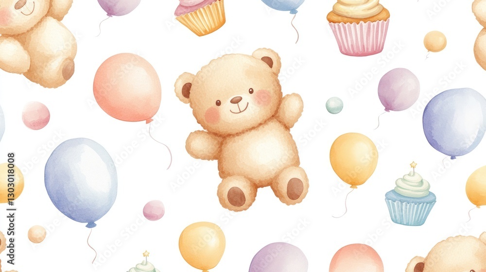 Cute Teddy Bear Pattern with Balloons and Cupcakes on White Cute Teddy Bear Pattern with Balloons and Cupcakes on White