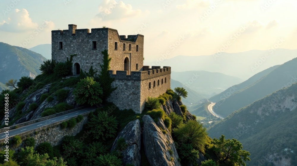 Ancient Stone Fortress Perched on a Mountaintop Overlooking a Winding Road and Serene Valley Landscape at Sunset Ancient Stone Fortress Perched on a Mountaintop Overlooking a Winding Road and Serene Valley Landscape at Sunset