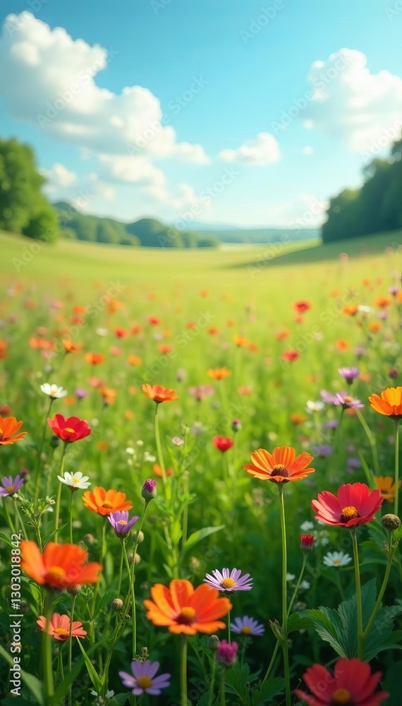 Peaceful field with blooming wildflowers under bright sky, spring, bright sky Peaceful field with blooming wildflowers under bright sky, spring, bright sky