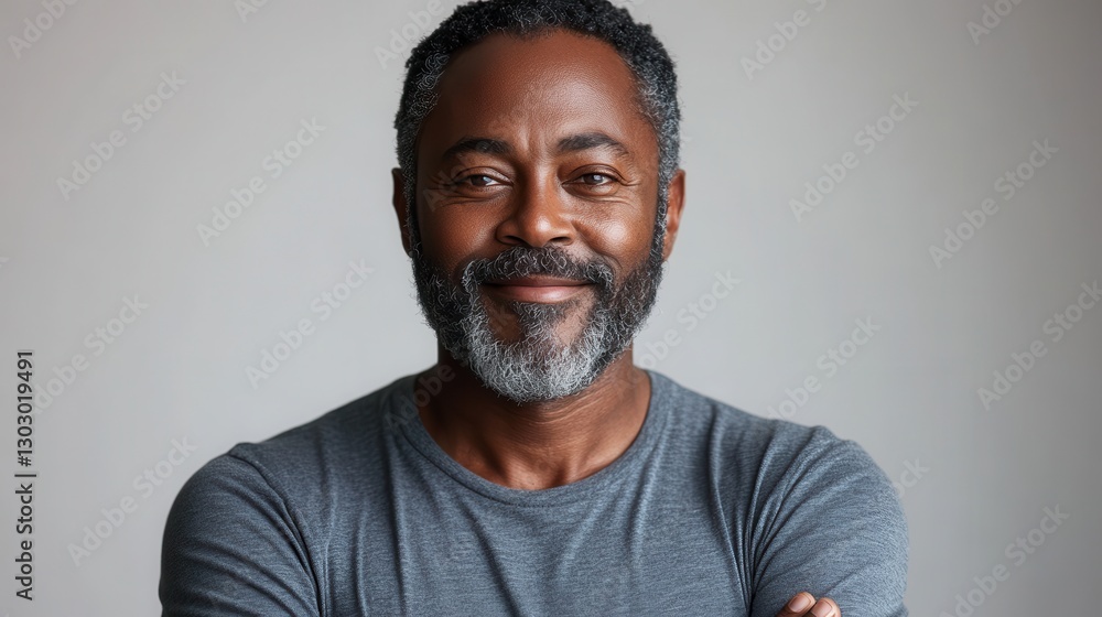 smiling middle aged black man with beard and graying hair arms crossed in gray t shirt on white background smiling middle aged black man with beard and graying hair arms crossed in gray t shirt on white background