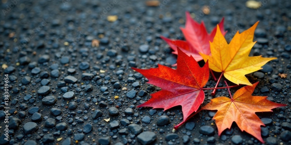 Autumnal foliage on dark gravel surface, vibrant red and orange maple leaves, seasonal change, nature's beauty Autumnal foliage on dark gravel surface, vibrant red and orange maple leaves, seasonal change, nature's beauty