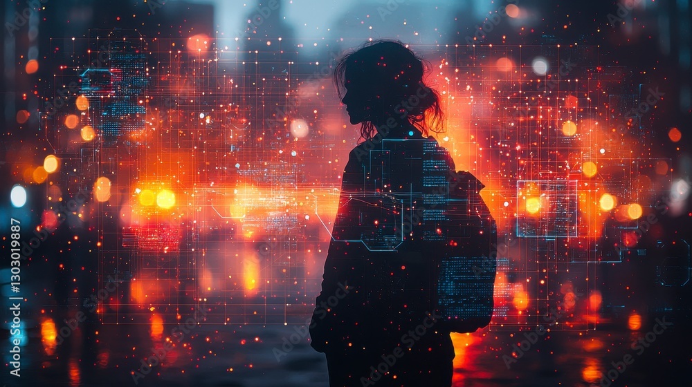 Silhouette of a Woman with Glowing Data Overlay in a Dark City at Night Silhouette of a Woman with Glowing Data Overlay in a Dark City at Night