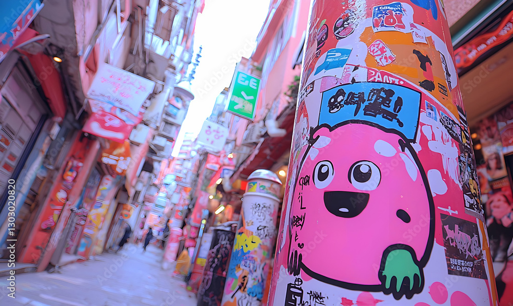 Fototapeta premium Colorful Street Art in Urban Alley with Vibrant Stickers and Posters
